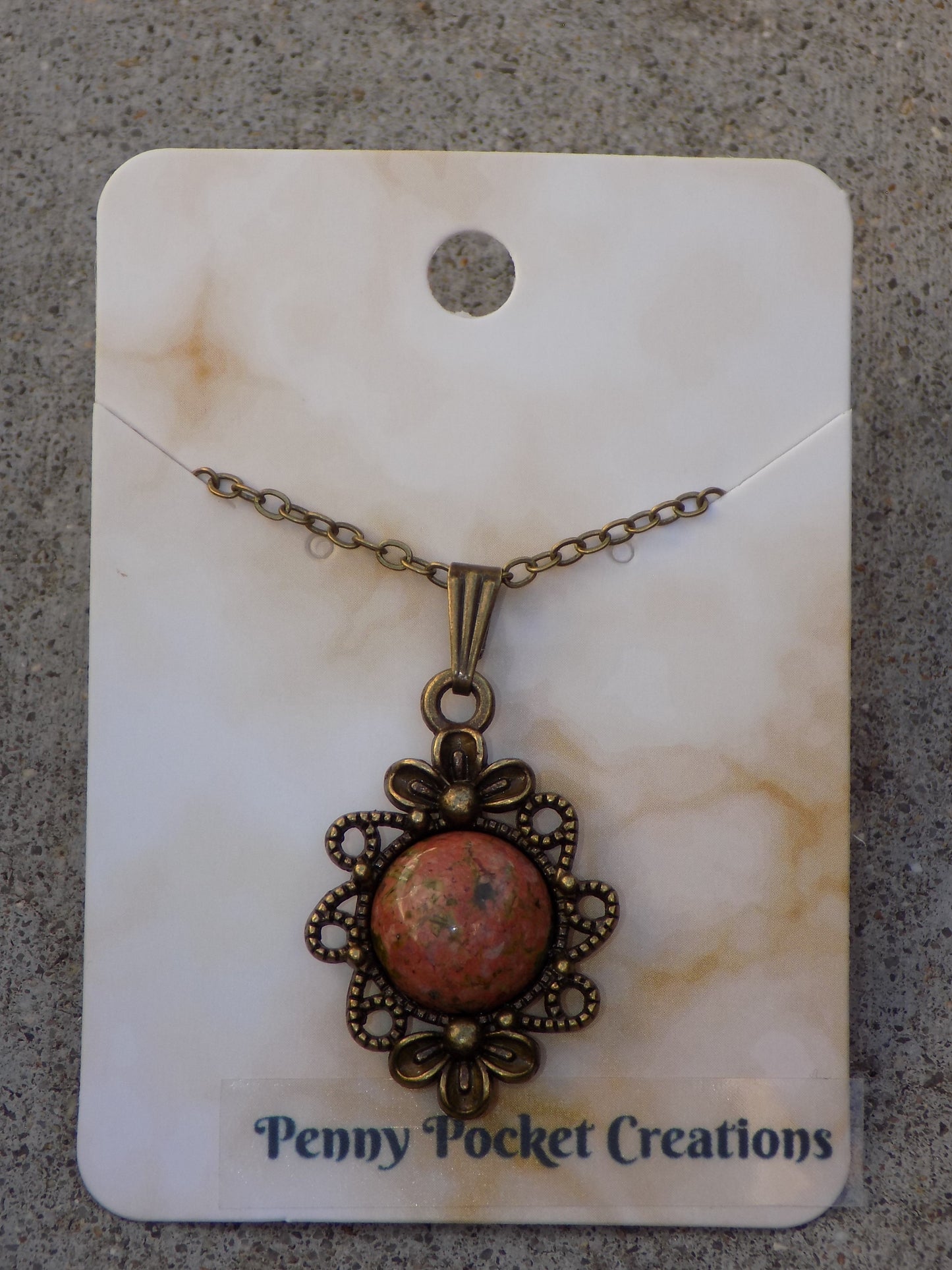 Natural Stone Necklace 12mm Round Flatback, Antique Bronze
