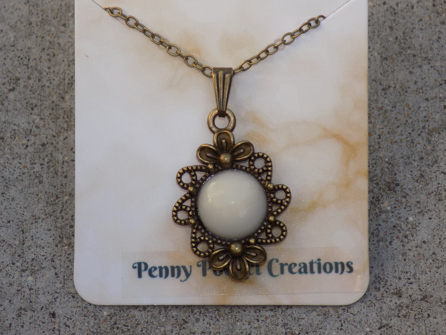 Natural Stone Necklace 12mm Round Flatback, Antique Bronze