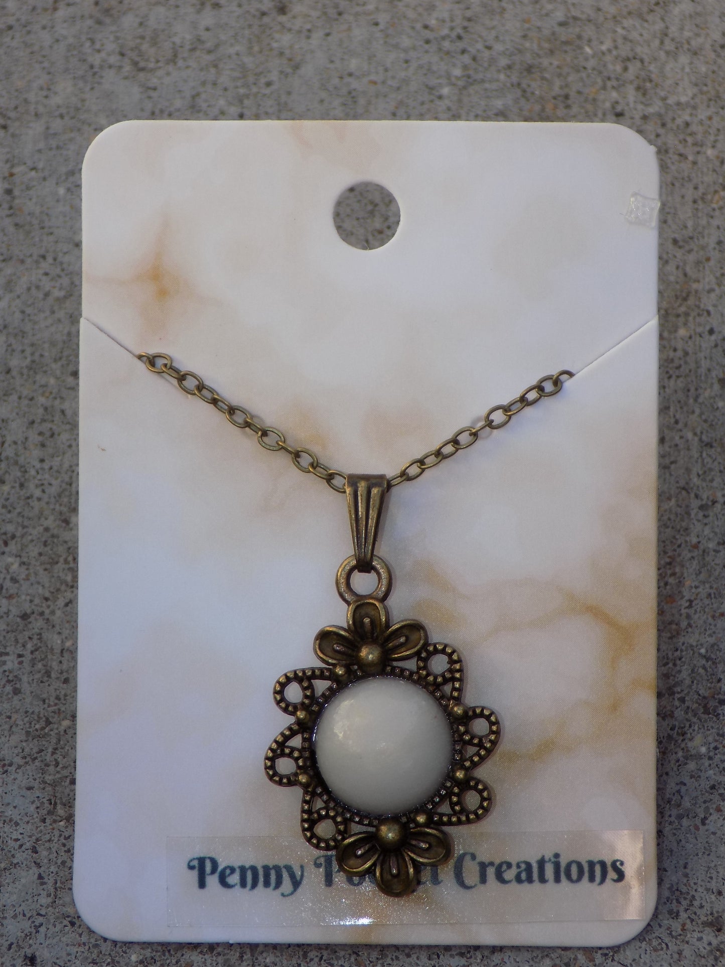 Natural Stone Necklace 12mm Round Flatback, Antique Bronze