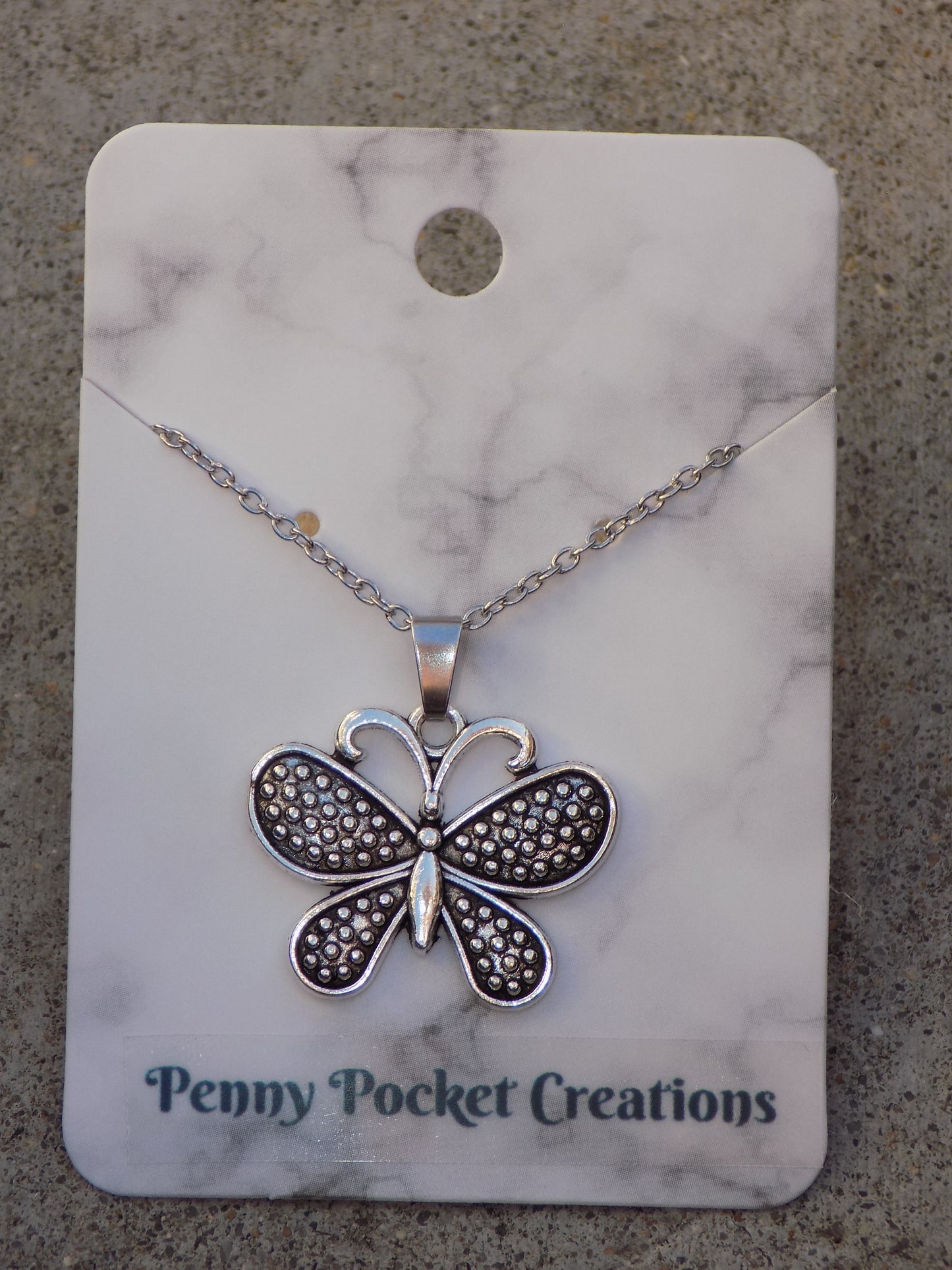 Antique Silver Butterfly Black/Silver Dot Pattern Wings Pendant Necklace
