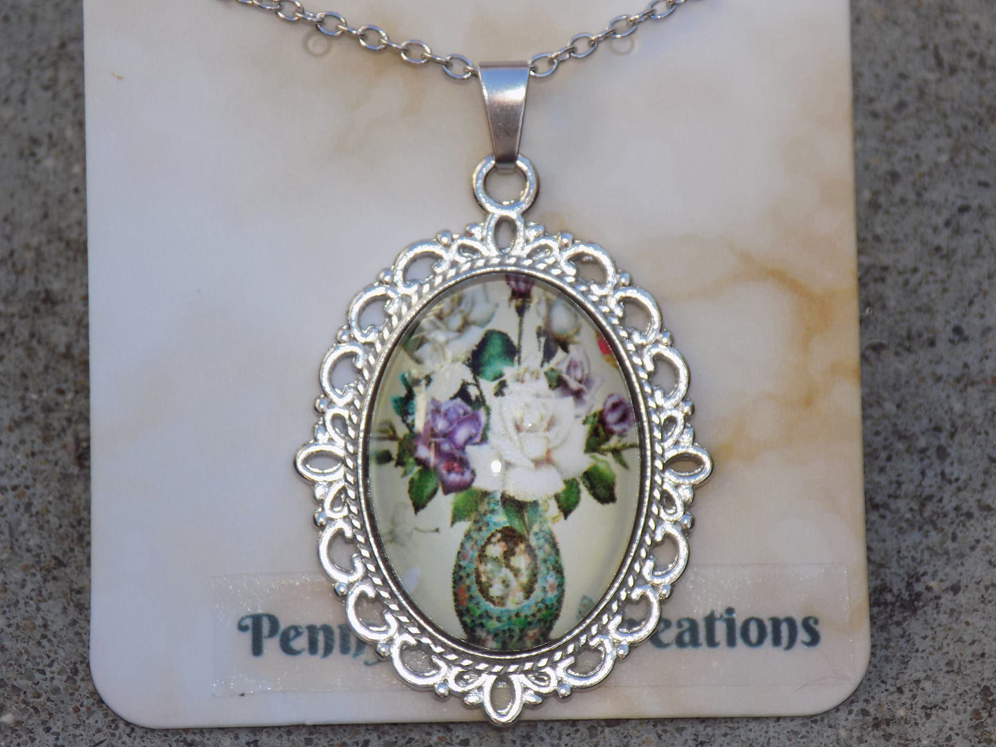 Oval Glass Dome Pendants 18x25mm Image Silvery Chain Necklace