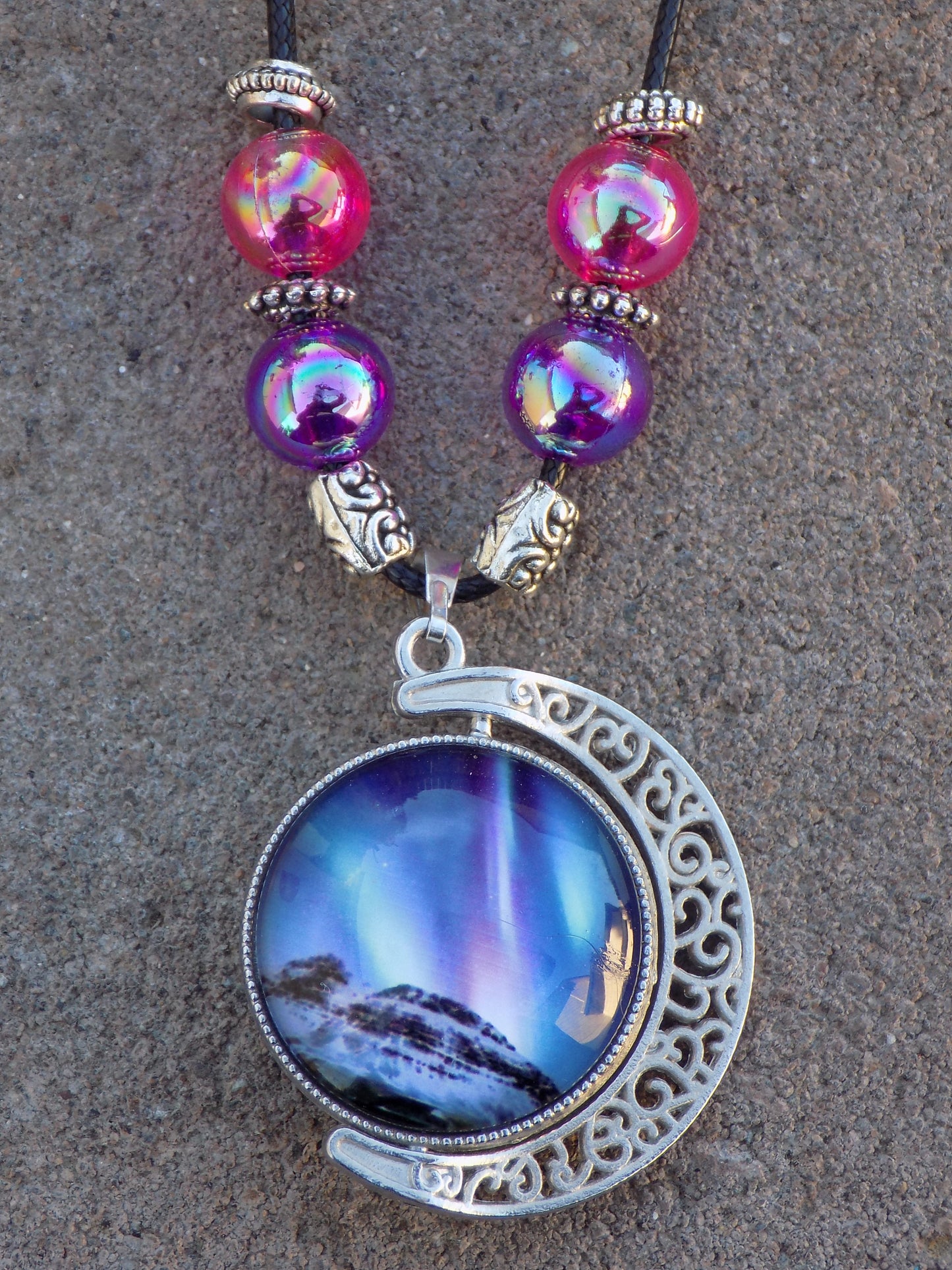 Antique Silver Rotating 2-sided 25mm Northern Light Glass Dome Necklace