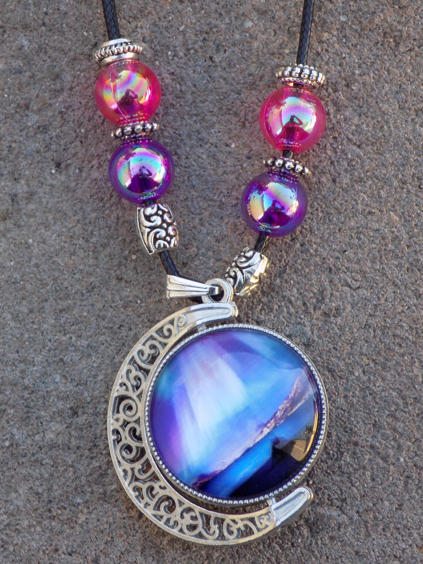 Antique Silver Rotating 2-sided 25mm Northern Light Glass Dome Necklace