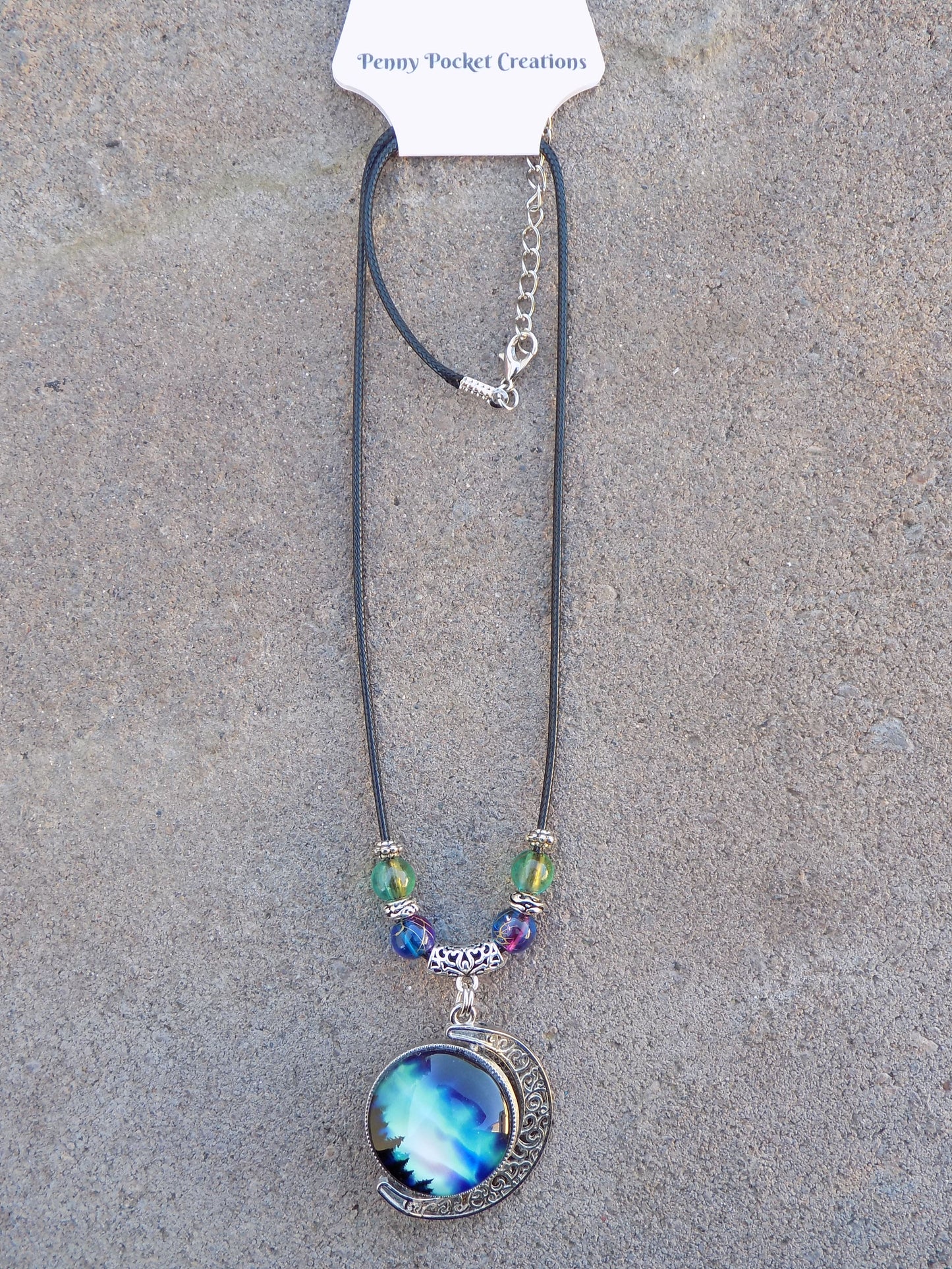 Antique Silver Rotating 2-sided 25mm Northern Light Glass Dome Necklace