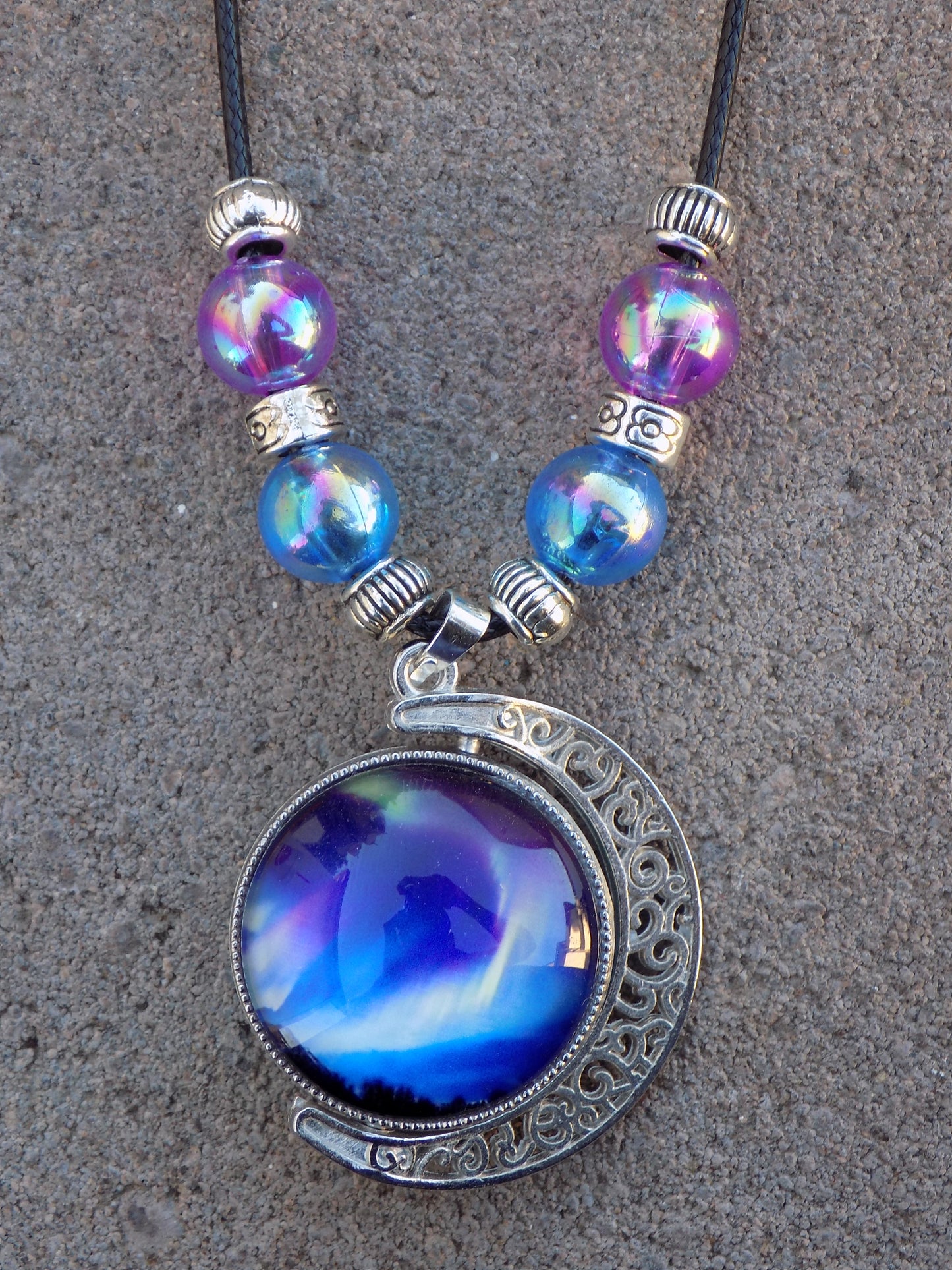 Antique Silver Rotating 2-sided 25mm Northern Light Glass Dome Necklace