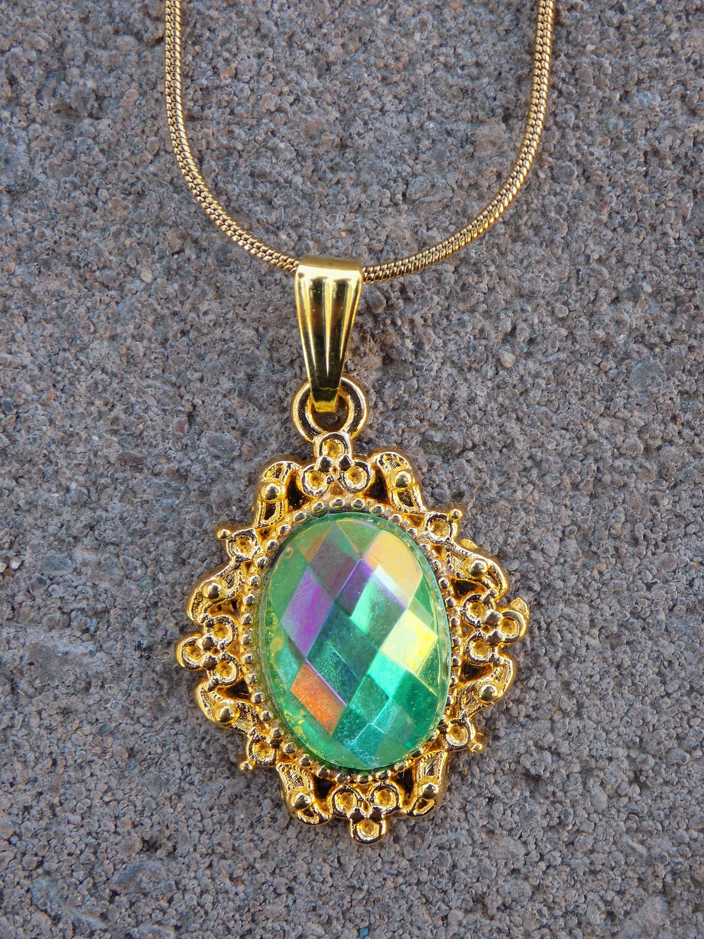 Colored Rhinestone 10x14mm Oval Gem Golden Pendant Snake Chain Necklace