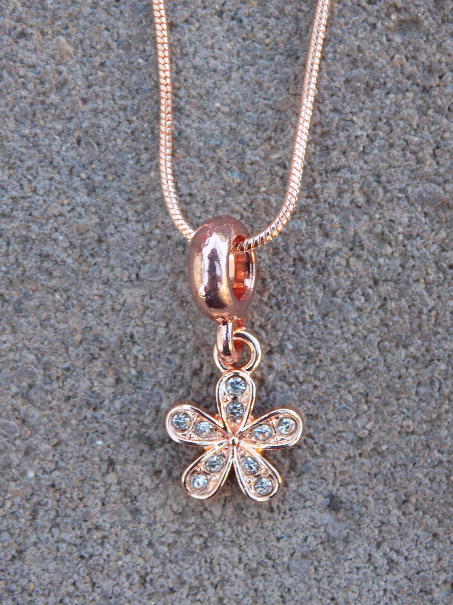 Rose Golden 5-Petal Sparkly Flower Pendant Charm Snake Chain Necklace