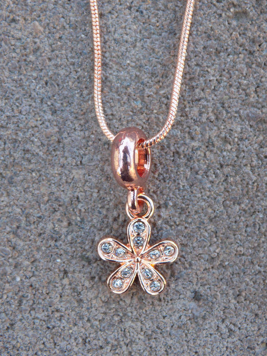 Rose Golden 5-Petal Sparkly Flower Pendant Charm Snake Chain Necklace