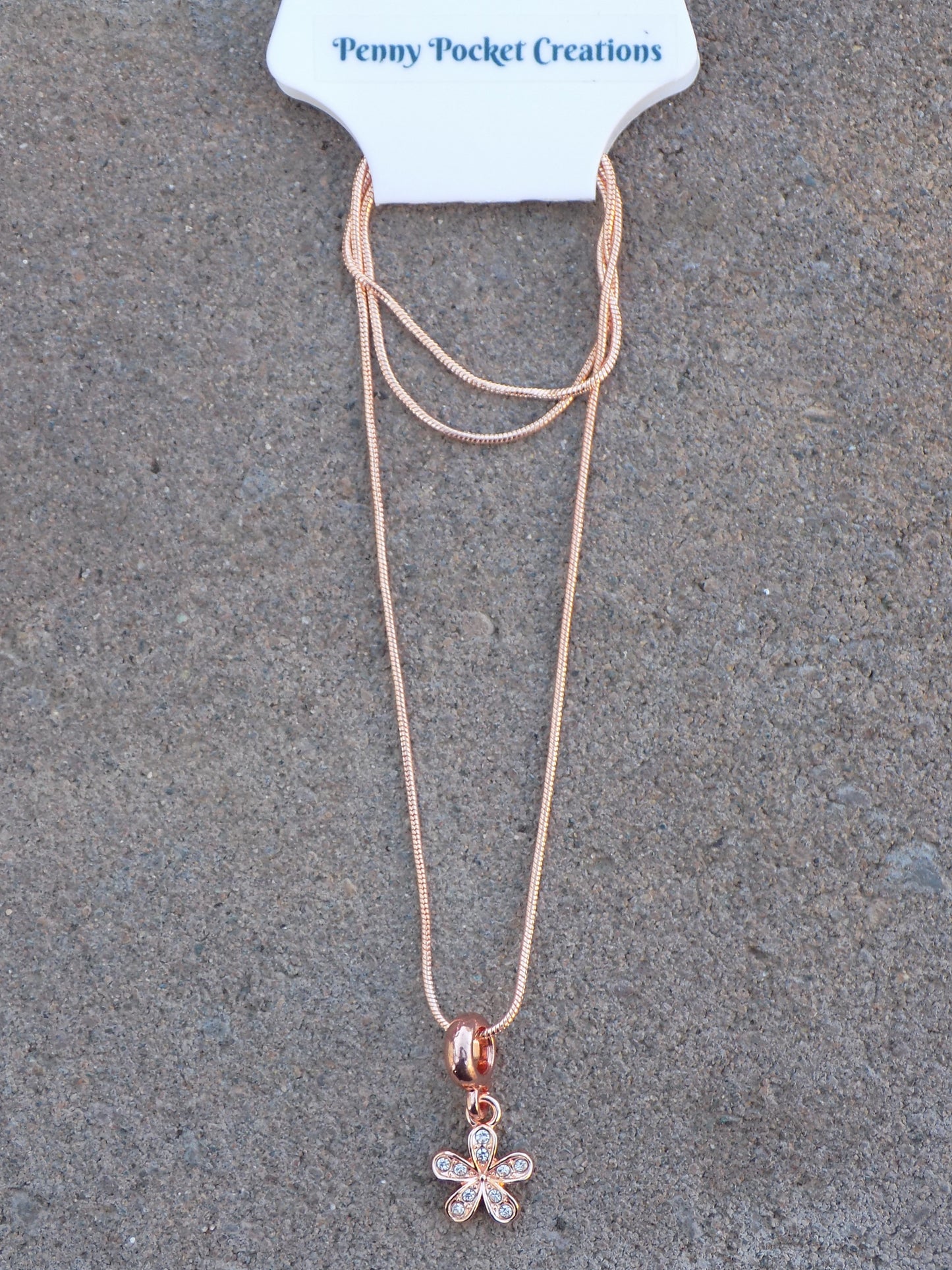 Rose Golden 5-Petal Sparkly Flower Pendant Charm Snake Chain Necklace