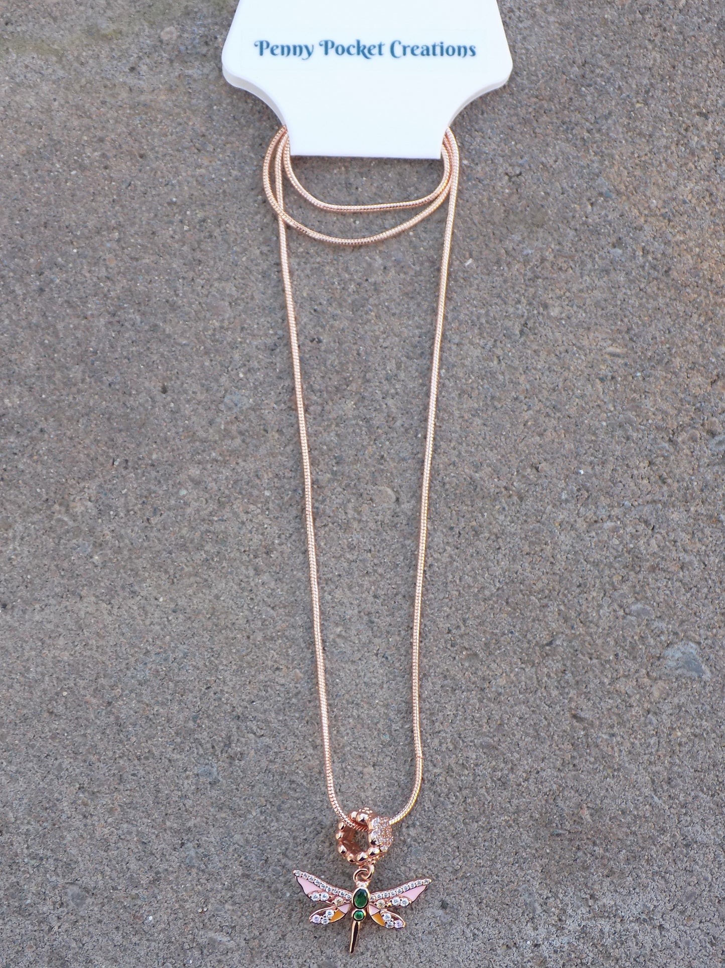 Rose Golden Dragonfly Pendant Charm Pink Zircon Snake Chain Necklace