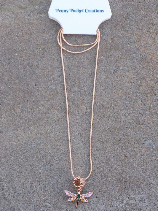 Rose Golden Dragonfly Pendant Charm Pink Zircon Snake Chain Necklace