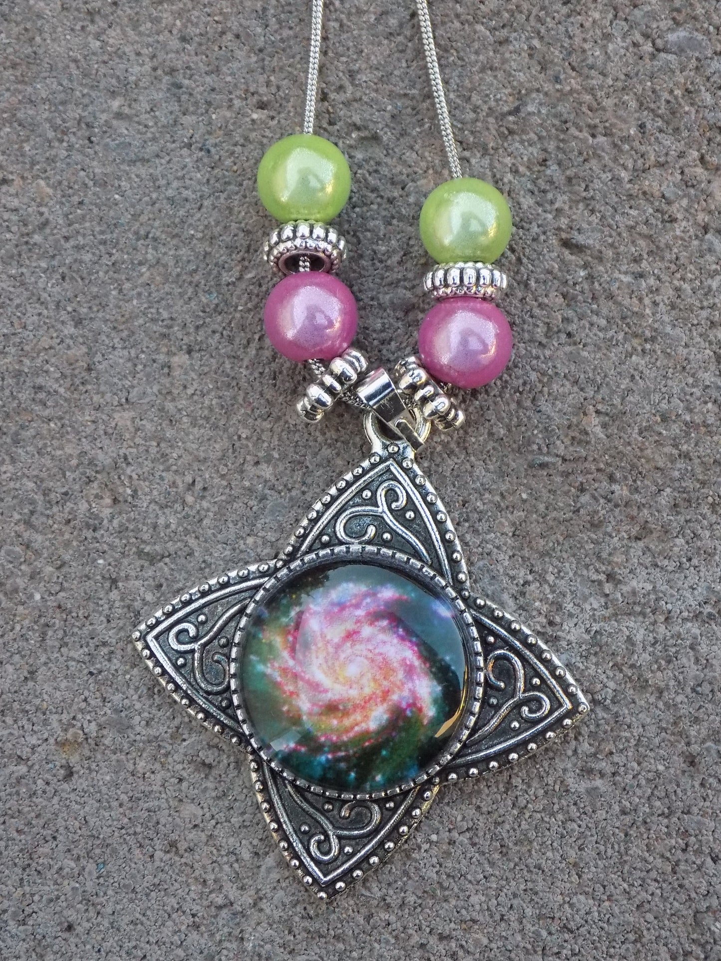 Antique Silver Star Pendant Galaxy Glass Dome Snake Chain Necklace