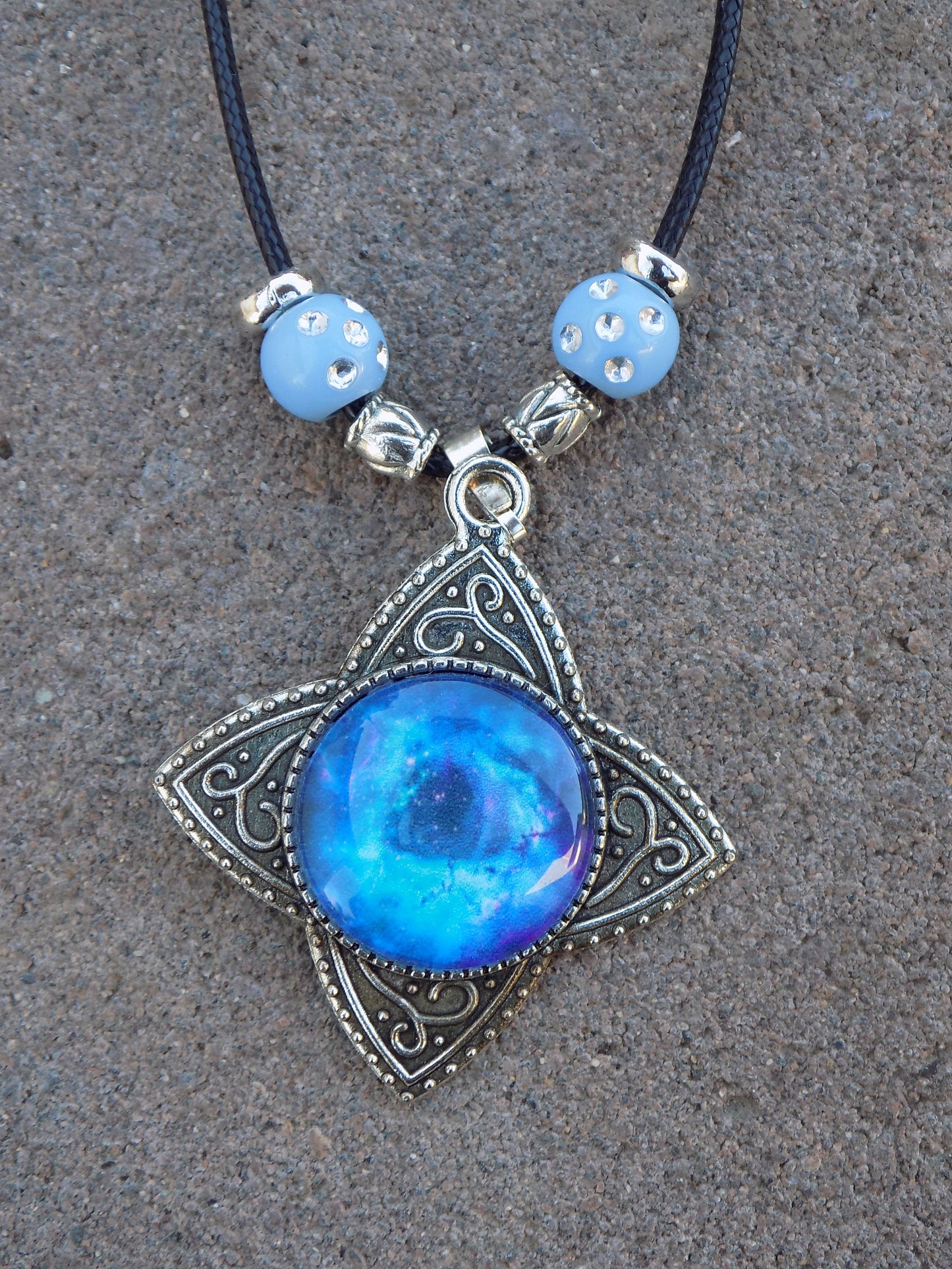 Antique Silver Star Pendant Galaxy Glass Dome Black Leather Cord Necklace