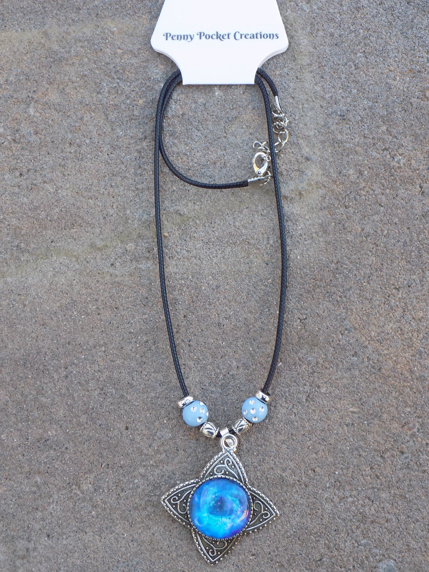 Antique Silver Star Pendant Galaxy Glass Dome Black Leather Cord Necklace