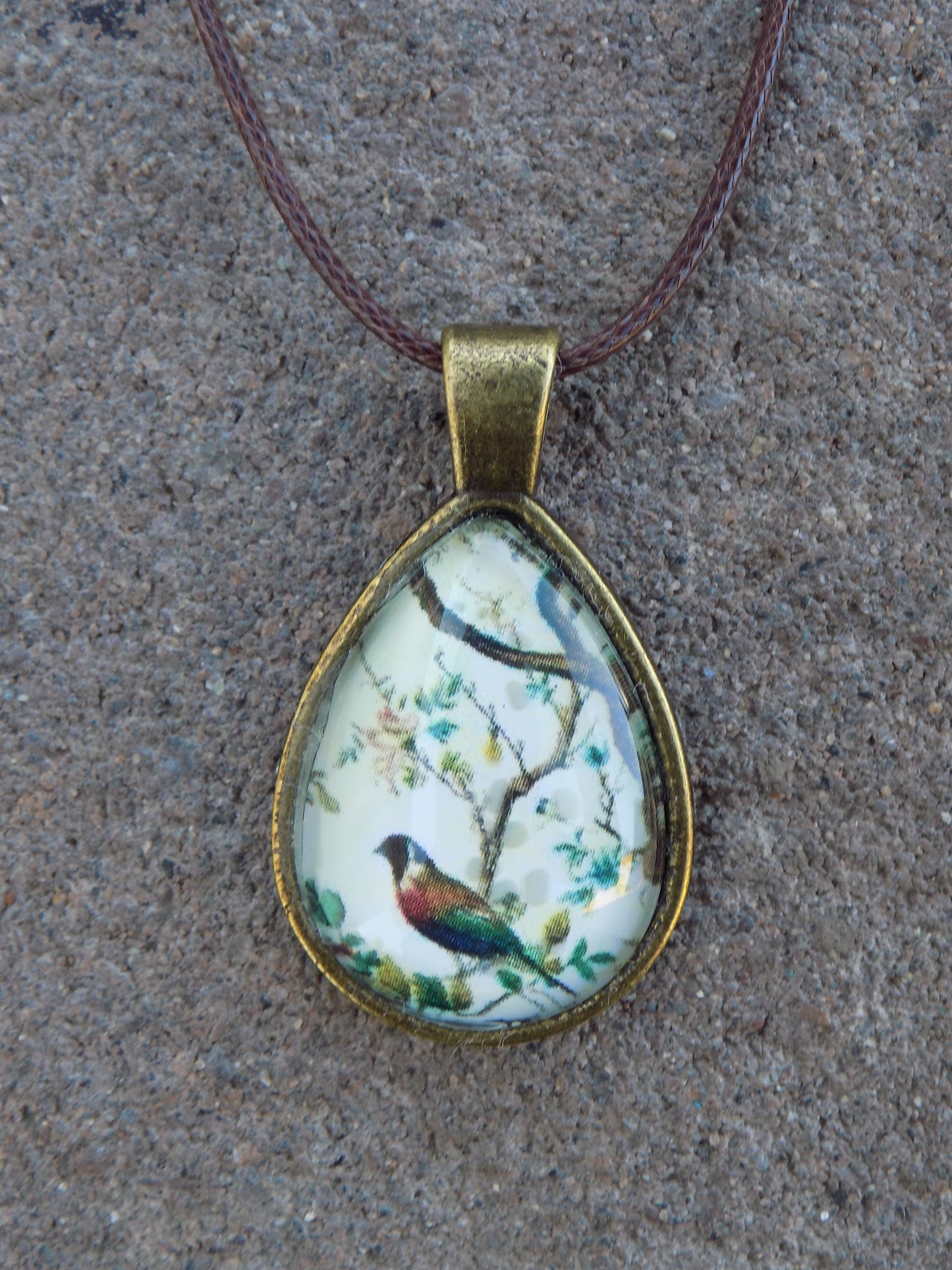Teardrop Pendant 18x25mm Image Glass Dome Brown Leather Necklace