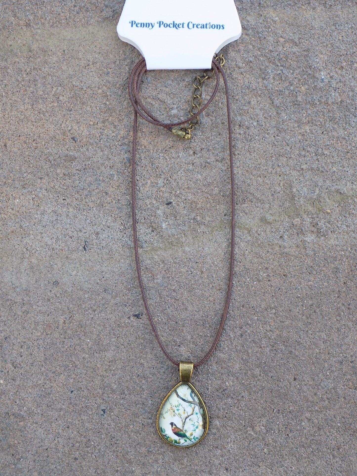 Teardrop Pendant 18x25mm Image Glass Dome Brown Leather Necklace