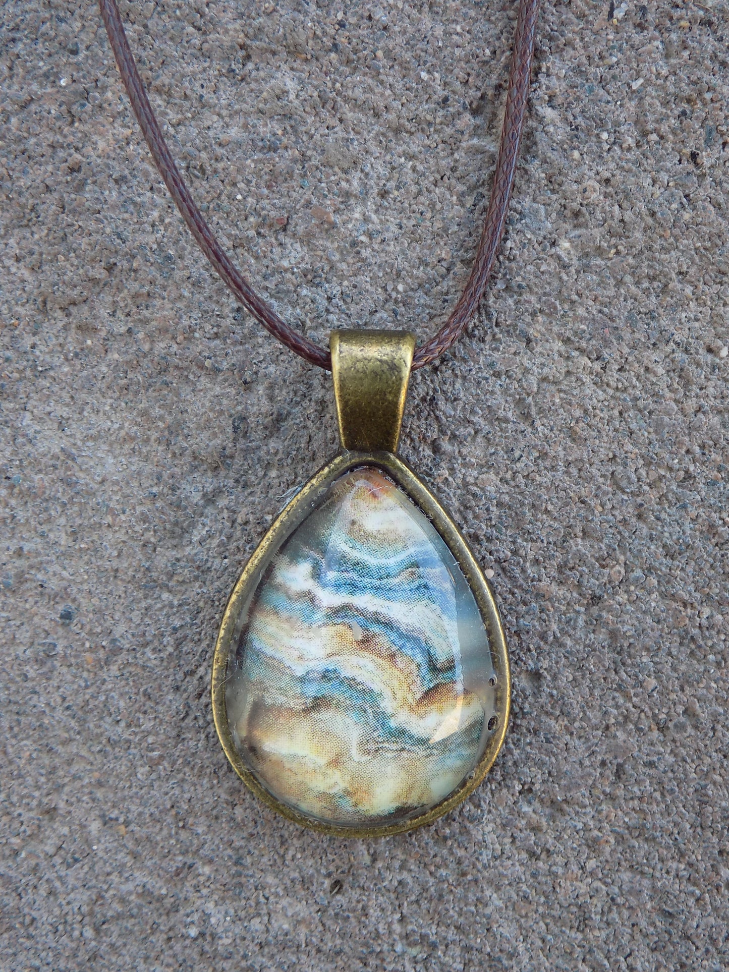 Teardrop Pendant 18x25mm Image Glass Dome Brown Leather Necklace