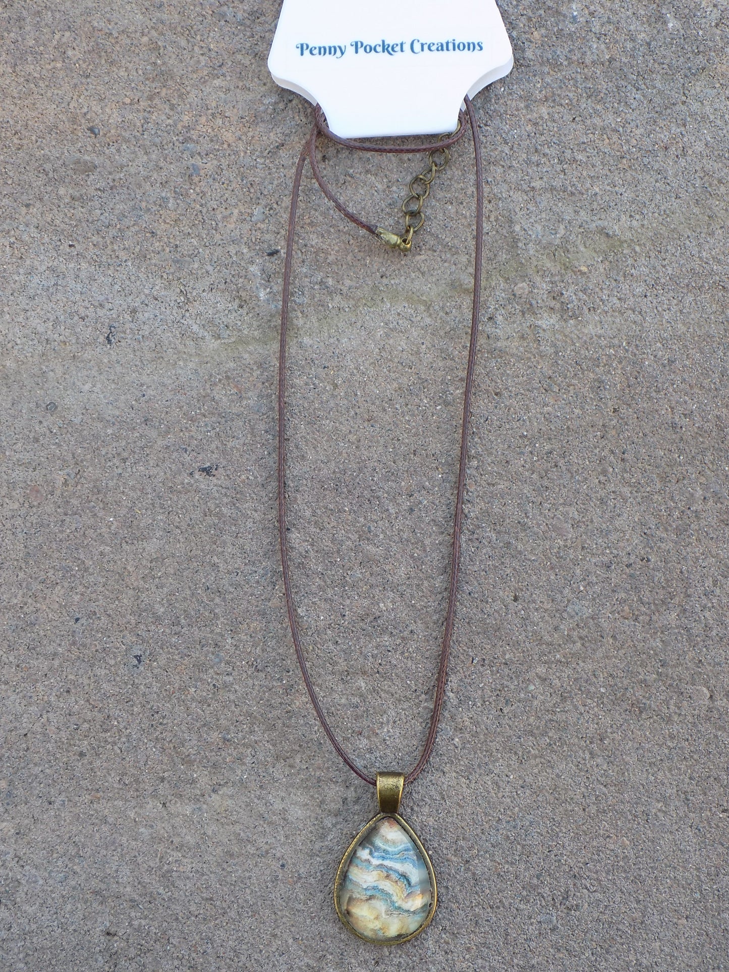 Teardrop Pendant 18x25mm Image Glass Dome Brown Leather Necklace