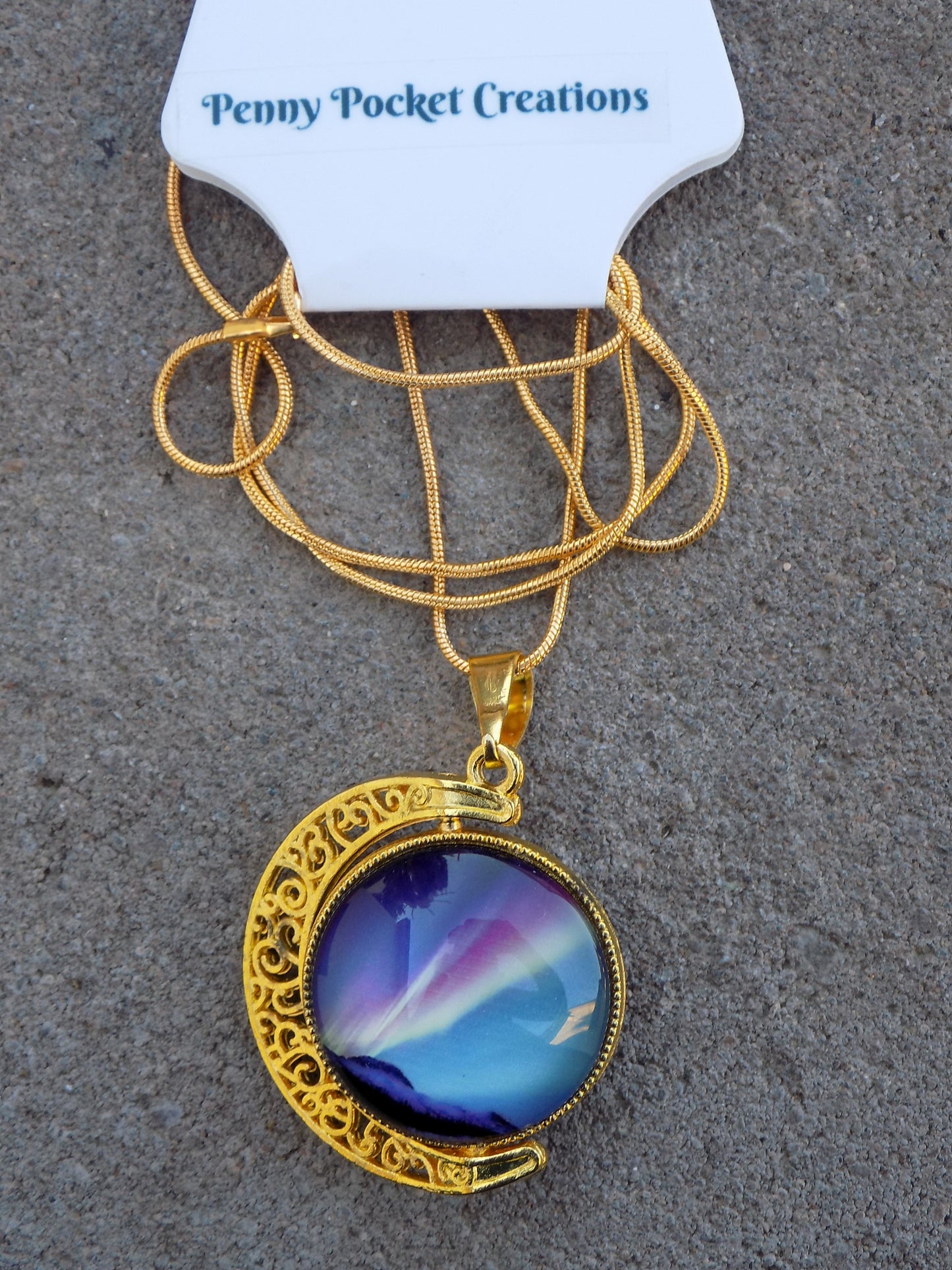 Golden Rotating 2-sided 25mm Northern Light Glass Dome Snake Chain Necklace