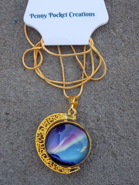 Golden Rotating 2-sided 25mm Northern Light Glass Dome Snake Chain Necklace