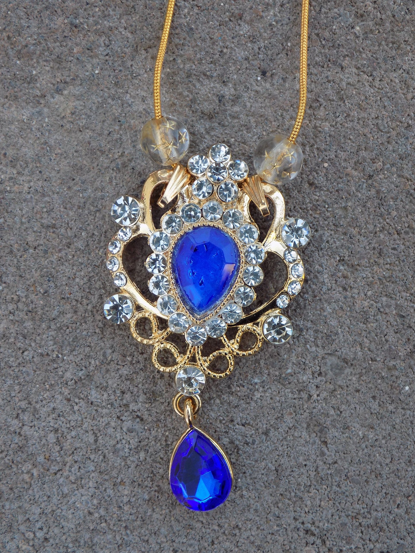 Golden Baroque Pendant Blue Teardrops Rhinestones Golden Snake Chain Necklace