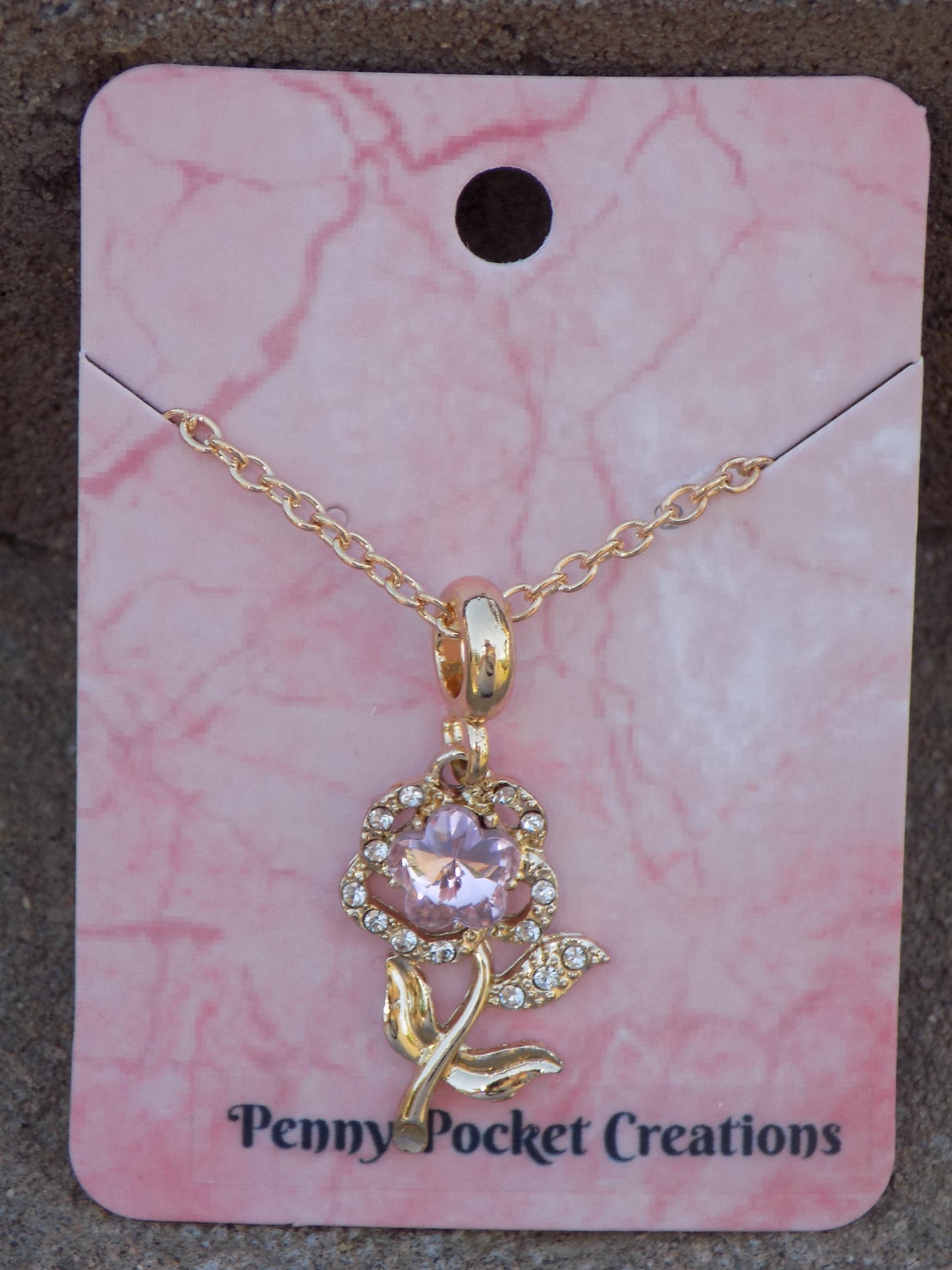 Stemmed Rose Flower Necklace, Flower Shaped Pink Rhinestone, Gold and Silver oiptions