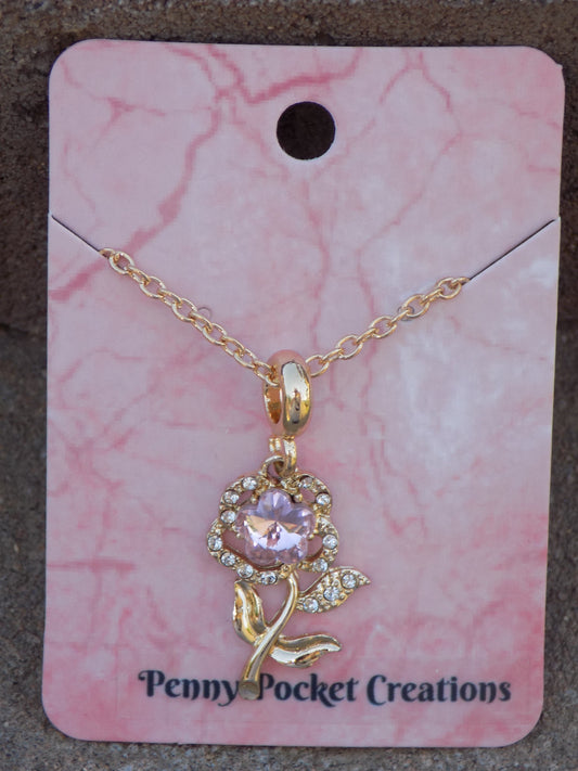 Stemmed Rose Flower Necklace, Flower Shaped Pink Rhinestone, Gold and Silver oiptions
