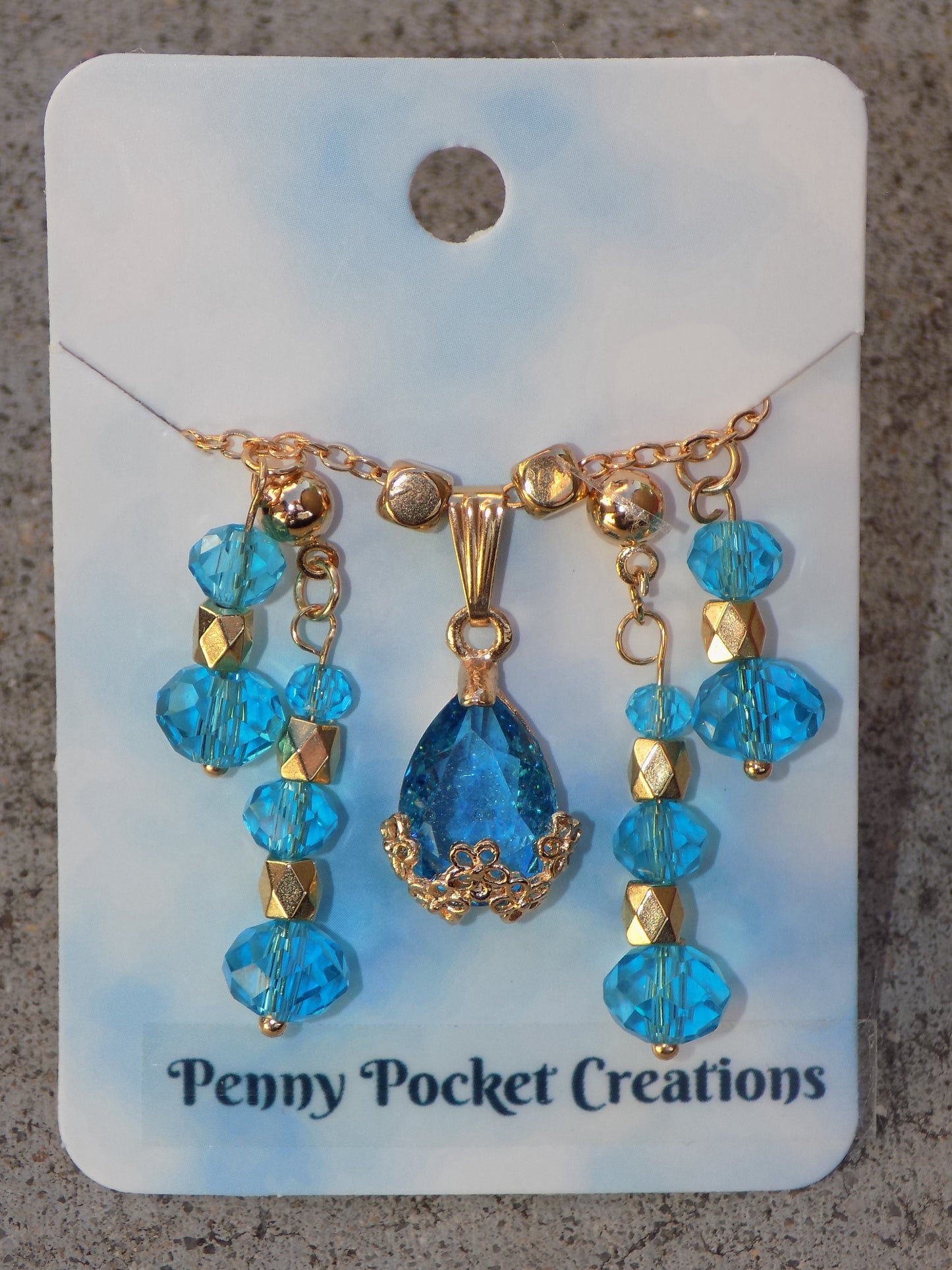 Blue Teal Crystal Teardrop KC Gold Necklace with Dangles on chain & Earrings