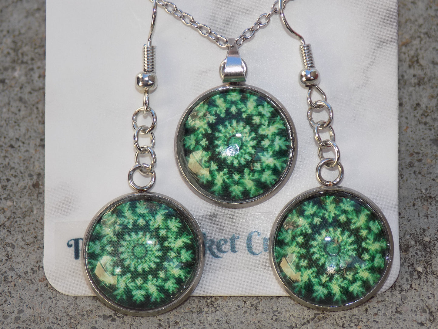 Glass Dome Image Necklace Set 16mm Silver Bezels Pendant Dangle Earrngs