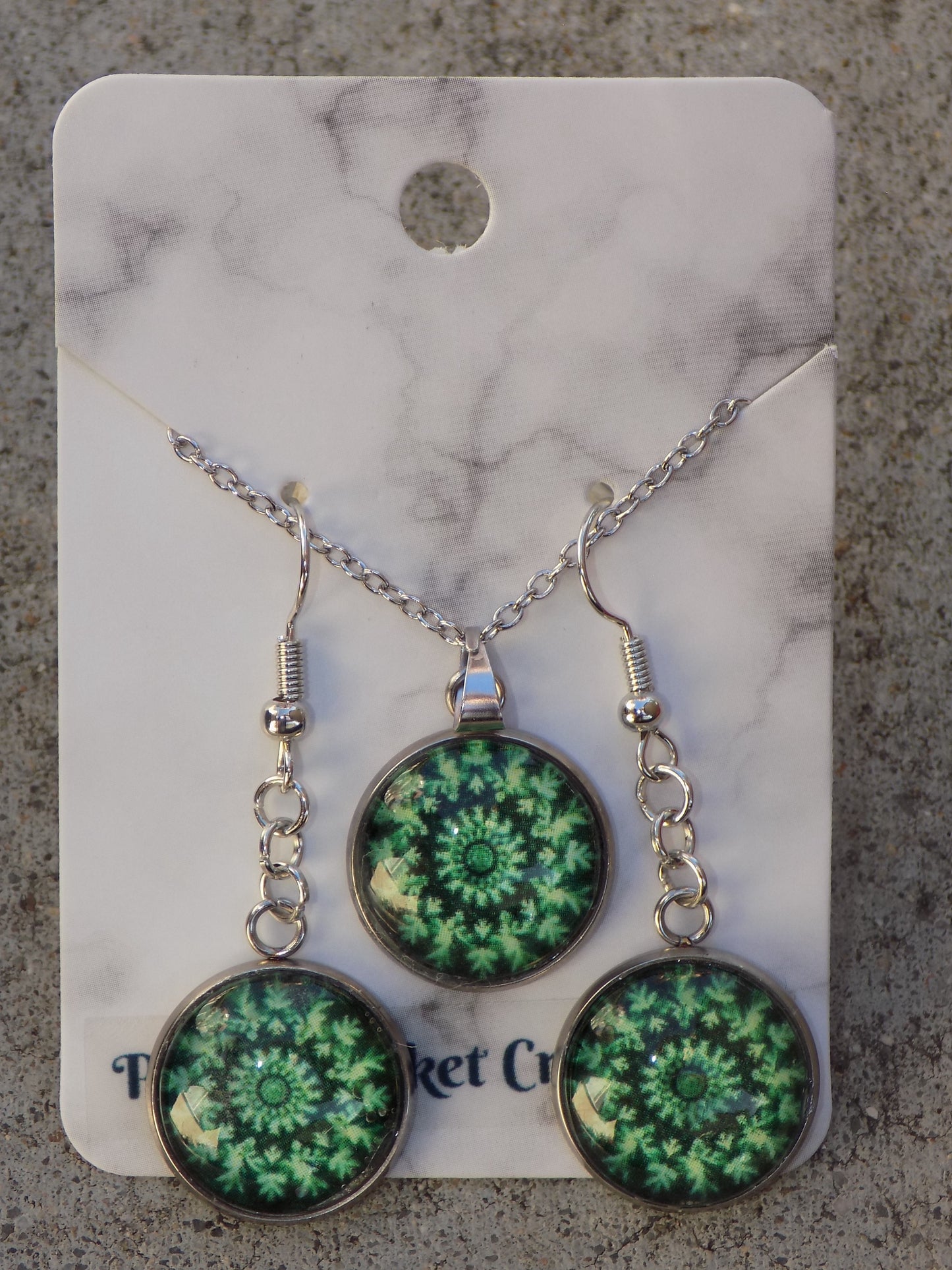 Glass Dome Image Necklace Set 16mm Silver Bezels Pendant Dangle Earrngs