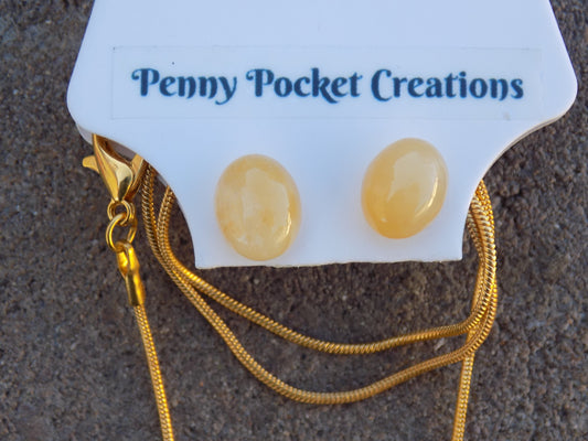 Natural Stone 13x18mm Oval Pendant Golden Snake Chain 8x10mm Earrings